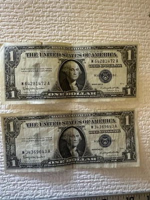 2- US One Dollar, 1957, $1 Silver Certificate, Blue Seal Series B - Image 1 of 2