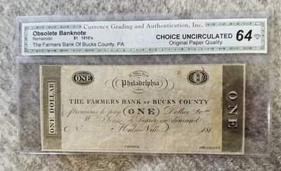 $1 1810's The Farmers Bank of Bucks County PA, Dollar Bank Note MS64 💎. MINT! - Image 1 of 2