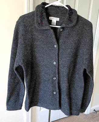 Suéter de lana Cherokee vintage para mujer talla pequeña gris jaspeado/carbón bordado Foto 1 de 4