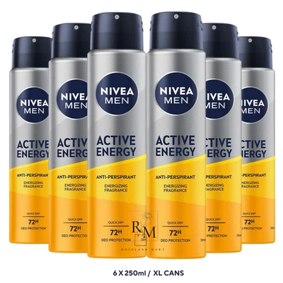 6 x 250ml XL Nivea Men ACTIVE ENERGY LIMITED EDITION Anti-perspirant body Spray