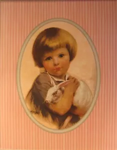 art print~THE WHITE BUNNY~Young Little Girl with Rabbit child vtg repro 11x14 - Picture 1 of 1