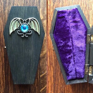 Vintage Inspired Coffin Ring Jewelry Box Engagement Wood Victorian Gothic Bat - Picture 1 of 5