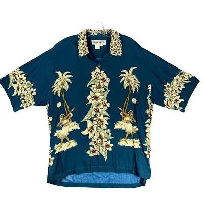 Baik Baik Honolulu Hawaiian Retro Shirt Medium Hula Girl Sequined Blue Green - Image 1 of 4