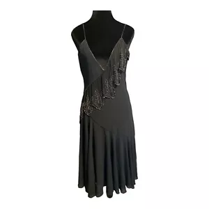 Vintage 1970s I.Magnin Sheer Crepe Sleeveless Beaded Cocktail Dress Noir Black - Picture 1 of 8