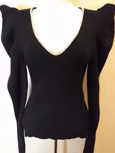 Maglione donna Express XS nero ~ spalla a sbuffo ~ a costine ~ strass scollo a V $88 nuovo con etichette - Foto 1 di 11