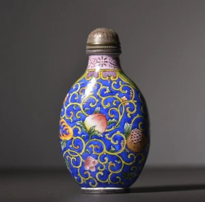 2.8″ Noble old copper Cloisonne enamel Painting Peach gourd vine snuff bottle - Picture 1 of 9