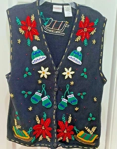 Bobbie Brooks Ugly Cute Christmas Sweater Vest - sleighs, mittens, Size Wm. LG - Picture 1 of 6