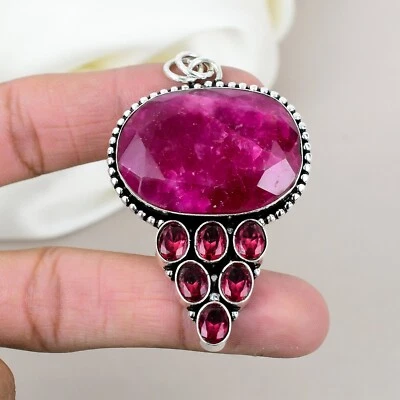 Red Ruby, Garnet Gemstone Pendant 925 Sterling Silver Handcrafted Elegant Gift - Image 1 of 4