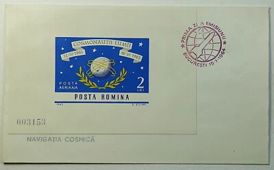 1964 FDC Romania Cosmic Space World Cosmonauts First Day Cover Mini Sheet #C160a - Image 1 of 2