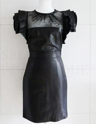 🆓US🛃 PRE-OTOÑO 2011 Valentino detalle encaje mangas volantes vestido cuero negro 4 Foto 1 de 4
