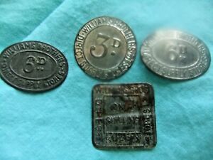 4  tin  tokens.  3d,  2x 6d  . one shilling.william  bros.direct supplies .