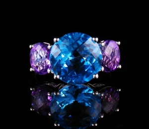 EFFY BH SIGNIERTER NATÜRLICHER BLAUTOPAS & AMETHYST 14K WEISSGOLD RING MIT DREI STEINEN - Bild 1 von 10