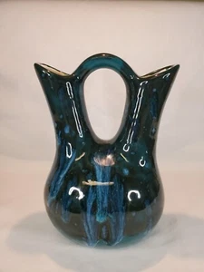 Jarrón de boda Studio Art Pottery azul verde esmalte por goteo vintage con defecto - Imagen 1 de 12