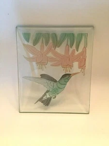 Hummingbird and hanging flowers etched glass plaque 6.5 x 5.5” pre-owned Decor - Picture 1 of 6