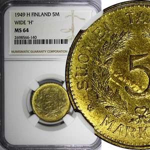 Finland 1949-H 5 Markkaa WIDE "H" NGC MS64 HIGH GRADED KM# 31a (140) - Picture 1 of 4