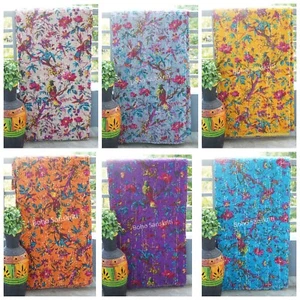 Indian beautiful hand block bird print kantha quilt Organic cotton blanket throw - Picture 1 of 58