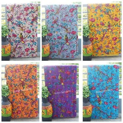 Indio hermoso bloque de mano estampado de pájaros edredón kantha algodón orgánico manta tiro Foto 1 de 4