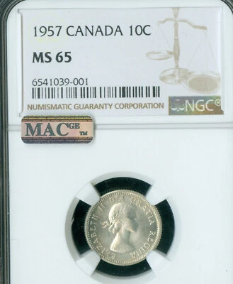 1957 CANADA 10 CENTS NGC MS65 PQ  MAC SPOTLESS 2ND FINEST GRADE Pop 7 * - Image 1 of 4