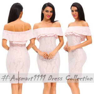Sexy Ruffled Off Shoulder Lace Slim Mini Formal Evening Party Bodycon Club Dress - Picture 1 of 5