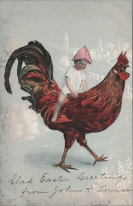 Postcard Easter Chicken Exaggeration Child Riding with Paper Hat - Picture 1 of 2