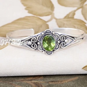 Faceted Peridot Gemstone Bangle 925 Sterling Silver Bracelet For Girlfriend Gift - Picture 1 of 4