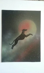 Pintura Sombra Espíritu Estilizado Galgo o Whippet Saltando la Luna Roble CAC - Imagen 1 de 5