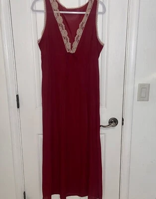 Vintage Nylon Long  Nightgown  Lace Neckline Burgundy M/L vintage lingerie Nylon - Image 1 of 4
