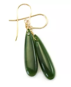 Jade Ohrringe grün Nephrit natürlich lange schmale Tränen 1,7 14k Sterling Gold - Bild 1 von 7