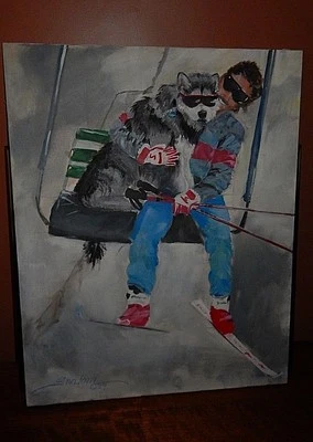 Esquí alpino, pintura al óleo original: Scott Kennett y su Malamute Zudnick Foto 1 de 4