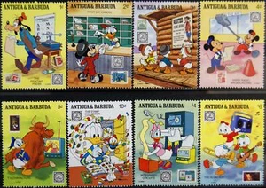 ANTIGUA BARBUDA 1989 1273-80 Disney Cartoons Förderung Philatelie Stamp on Stamp - Bild 1 von 1