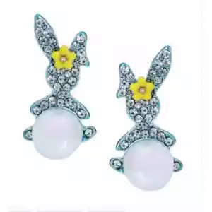 BETSEY JOHNSON Easter Rabbit Bunny Crystal & Pearl Earrings *NWT* - Picture 1 of 10