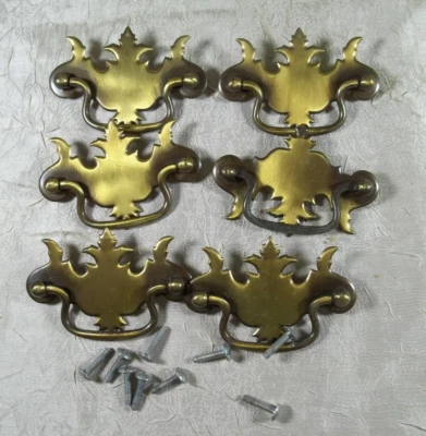 Vintage Set of 6 Reclaimed Batwing-style Goldtone Metal Cabinet Drawer Handles - Image 1 of 4