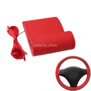Microfiber Leather Hand Stitching Sewing Car Steering wheel Cover Red 15" - Imagen 1 de 6