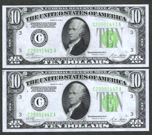 1928-B $10 PHILA LGS ~ PAYABLE IN GOLD ~ 1 NOTE OF 2 CONSECUTIVE GEM CRISP UNC - Picture 1 of 3