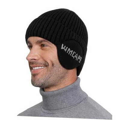  Gorro de línea polar con orejera, sombrero de punto de invierno para hombre mujer negro Foto 1 de 4