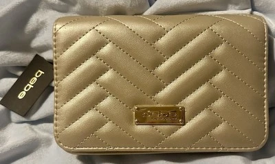 NWT BEBE Gold Sophia Crossbody Clutch Small Vegan Quilted Chain Strap 5x7x2 Sexy - Image 1 of 4