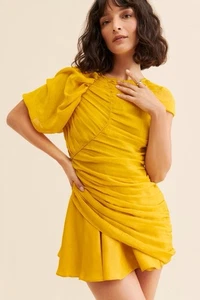 Anthropologie Bhanuni by Jyoti Damen goldgelb drapiertes Minikleid Large neu ohne Etikett - Bild 1 von 13