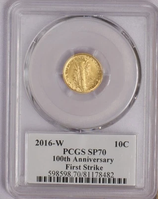 2016-W Gold Mercury 10 Cents First Strike 100th Anniversary PCGS SP70 - Image 1 of 4