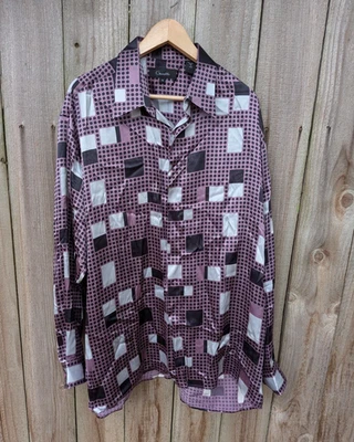 Vintage Genelli Silk Satin Shirt Geometric Purple Black XL Polka Dot BEAUTIFUL - Image 1 of 4