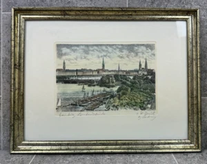 Albrecht Bruck Hamburgo puente lombardo grabado firmado enmarcado imagen vintage - Imagen 1 de 3
