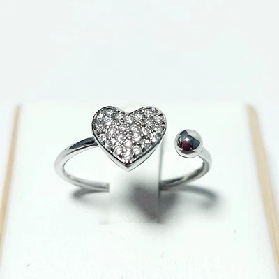 Anello Argento 925 Donna Aperto Bianco Cuore Zirconi Brillanti Misura Regolabile - Immagine 1 di 4