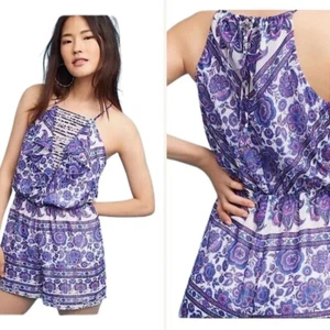 Anthropologie Elevenses Joanie Romper Womens sz SP Metallic Ladder Ruffle Purple - Picture 1 of 11