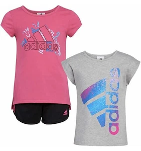 Adidas Girls 3 Piece Set | Tee Shirts (Dark Pink & Grey) | Shorts (Black) Size 5 - Picture 1 of 4