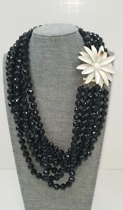 Vintage Sandor Co. 6 Strand Black Beaded Enamel Flower Clasp Necklace Rare 22"