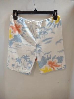 Vintage UNISEX Blue On White  BEACH PALMS COTTON USA  SHORTS Childs 16 -18   - Image 1 of 4