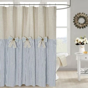 Linen Button Farmhouse Beige Shower CurtainBowknotLinen and Cotton Woven Fabr... - Picture 1 of 6