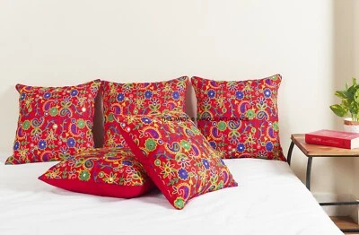 16" Indian Silk Cushion Cover Embroidered Paisley Bohemian Decor Throw Pillow Foto 1 de 3