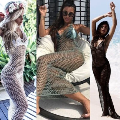 Vestido largo de bikini de playa de ganchillo hecho a mano sin mangas de verano de 5 colores Foto 1 de 4