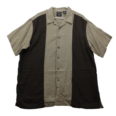 Haggar Washable Linen Blend Button Shirt Mens Size XXL Brown Beige Short Sleeve - Image 1 of 4