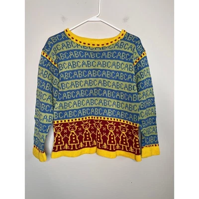 1990s Dale of Norway Hand Knit ABC School Days Artsy Kidcore Kids Sweater XL - Image 1 of 3